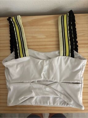 FREE PEOPLE White Cropped Tank with Black and Yellow Striped Ruffled Straps